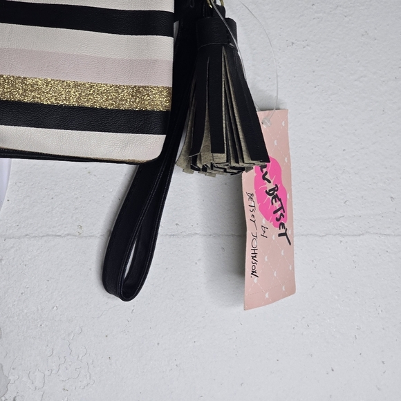 Luv Betsy By Betsy Johnson Wristlet Wallet Clutch Black White Tan Gold Sparkle - Picture 3 of 4